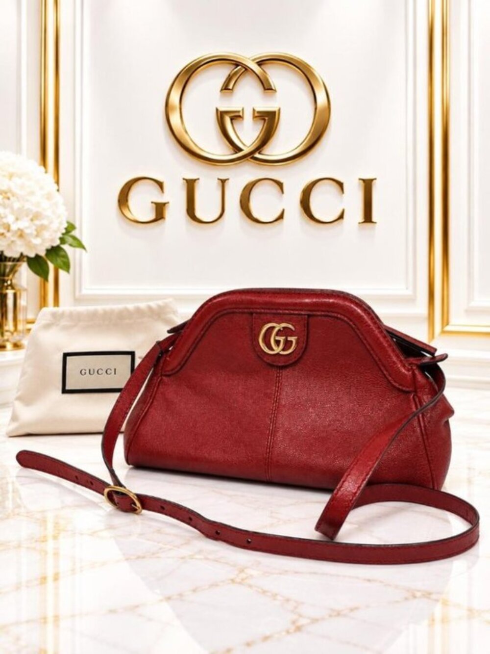 Authentic Gucci RE(BELLE) Red Leather GG Logo Shoulder/Crossbody Bag